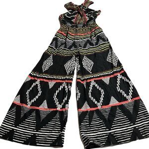 ANTHROPOLOGIE Elevenses Amapa Jumpsuit Black Tribal Print Wide Leg Size 2